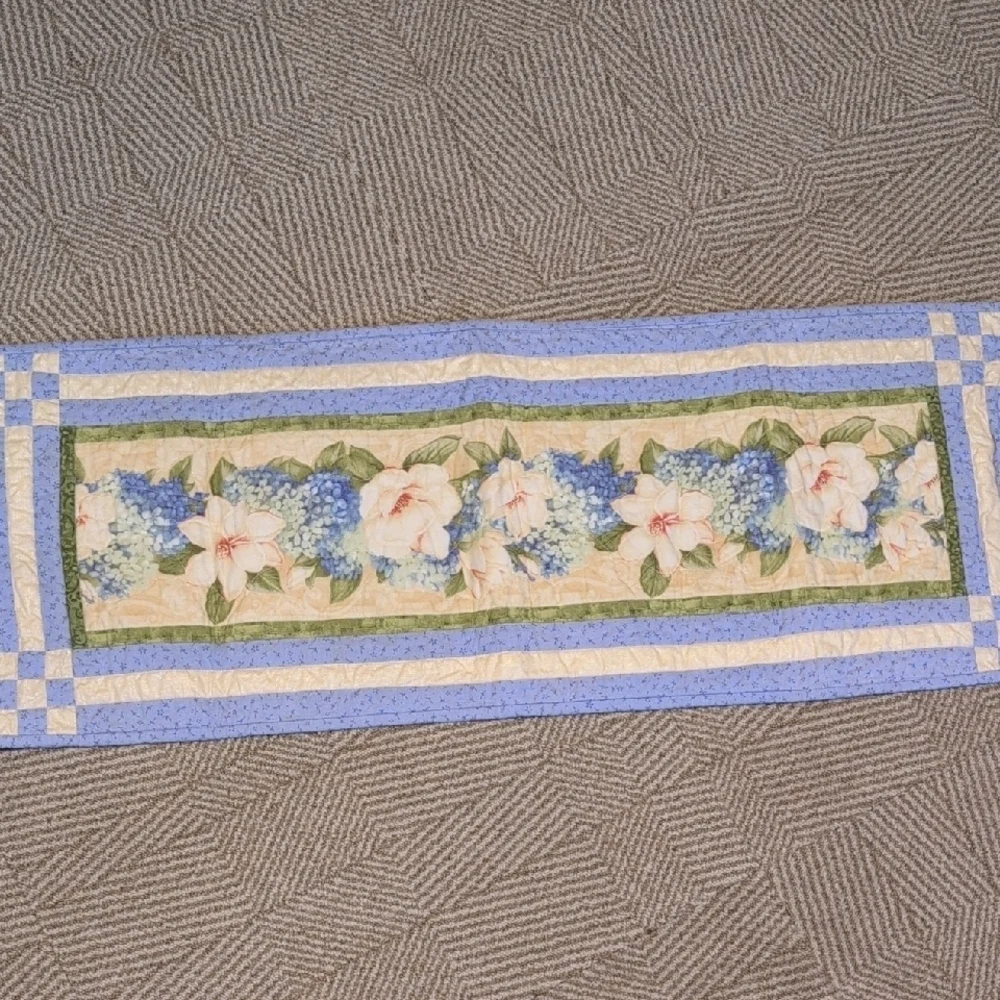 Handmade Floral Patchwork Quilt Table Runner Wall Hanging Hydrangea Blue Cream